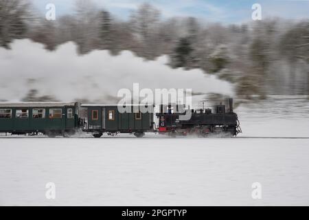 Giro invernale in locomotiva a vapore della ferrovia del museo Steyrtalbahn a Gruenburg, Austria superiore, Austria Foto Stock