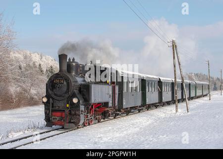 Giro invernale in locomotiva a vapore della ferrovia del museo Steyrtalbahn a Gruenburg, Austria superiore, Austria Foto Stock