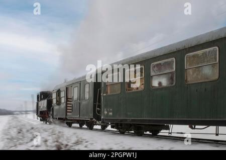 Giro invernale in locomotiva a vapore della ferrovia del museo Steyrtalbahn a Gruenburg, Austria superiore, Austria Foto Stock