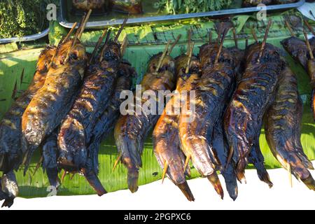 Fustellato di pesce gatto alla griglia sulla foglia di banana su bianco isolato. Foto Stock