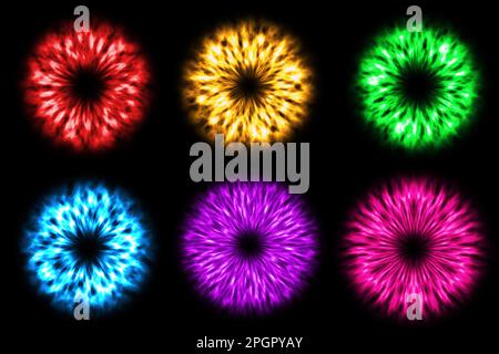 Set di fuochi d'artificio colorati su sfondo nero. orb rosso giallo verde blu viola chiaro viola sfera magica iris occhio Foto Stock