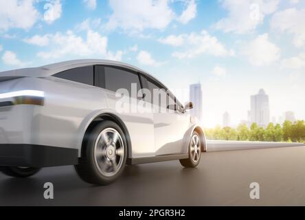 3d rendering vista posteriore auto ev o veicolo elettrico guidare in città con sfondo urbano Foto Stock