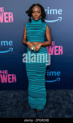 Heather Agyepong vestito da Hanifa partecipa alla prima serie di Amazon prime Video The Power al DGA Theater di New York il 23 marzo 2023 Foto Stock