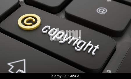 Simbolo di copyright e testo su tasto nero della tastiera. Illustrazione 3D. Foto Stock