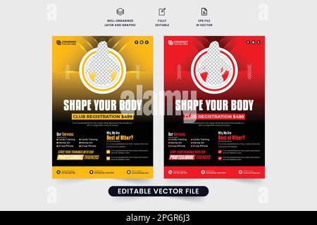 Servizio fitness club e centro di formazione vettore volantino con foto segnaposto. La disposizione del modello del volantino della palestra è stata progettata con i colori giallo e rosso. Bodyb Illustrazione Vettoriale