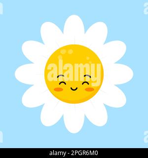Carino fiore margherita con felice volto carattere. Illustrazione Vettoriale