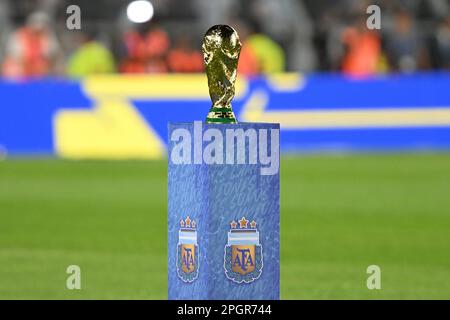 23rd marzo 2023: Belgrano, Buenos Aires, Argentina: Calcio internazionale amichevole, Argentina contro Panama: FIFA Woirld club trofeo in mostra Foto Stock
