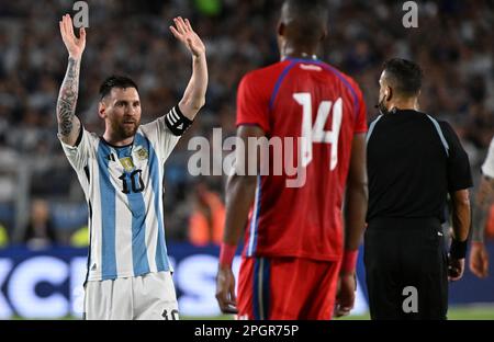 23rd marzo 2023: Belgrano, Buenos Aires, Argentina: Calcio internazionale amichevole, Argentina contro Panama: Lionel messi da Argentina celebra il suo obiettivo Foto Stock