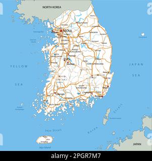 Mappa stradale della Corea del Sud dettagliata con etichettatura. Illustrazione Vettoriale