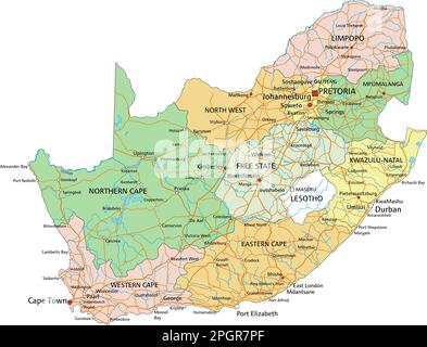 Sudafrica - Mappa politica modificabile molto dettagliata con etichettatura. Illustrazione Vettoriale