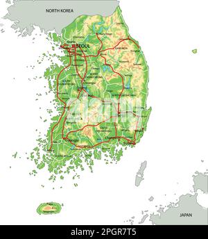 Mappa fisica della Corea del Sud estremamente dettagliata con etichettatura. Illustrazione Vettoriale