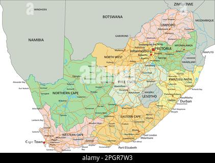 Sudafrica - Mappa politica modificabile molto dettagliata con etichettatura. Illustrazione Vettoriale