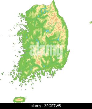 Mappa fisica della Corea del Sud estremamente dettagliata. Illustrazione Vettoriale