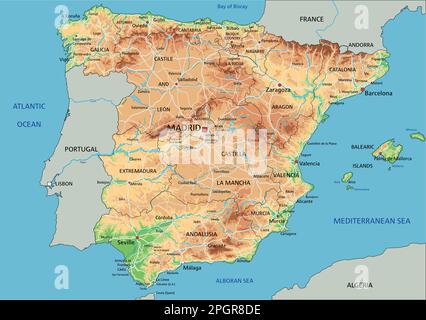 Mappa fisica Spagna dettagliata con etichettatura. Illustrazione Vettoriale