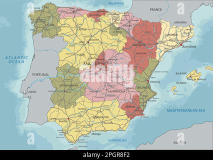 Spagna - Mappa politica modificabile molto dettagliata con etichettatura. Illustrazione Vettoriale