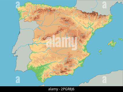 Mappa fisica Spagna dettagliata. Illustrazione Vettoriale