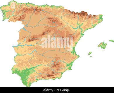 Mappa fisica Spagna dettagliata. Illustrazione Vettoriale