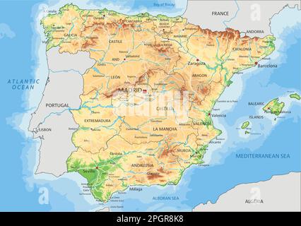 Mappa fisica Spagna dettagliata con etichettatura. Illustrazione Vettoriale