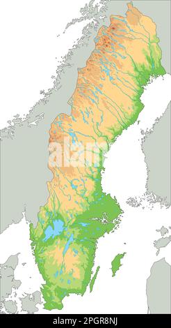 Mappa fisica della Svezia dettagliata. Illustrazione Vettoriale