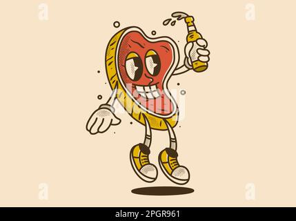 Mascot carattere disegno di carne che tiene una bottiglia di birra con faccia felice Illustrazione Vettoriale