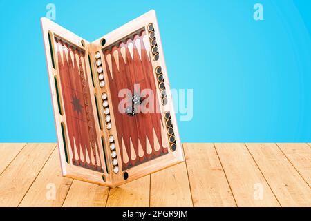Backgammon, gioco da tavolo sul tavolo di legno, rendering 3D Foto Stock