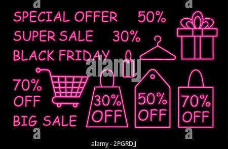 Set di shopping online negozio lineare neon vettoriale icona illustrazione per le promozioni negozio online. Black Friday offre illustrazioni di doodle con effetto luce rosa al neon isolato su sfondo scuro Illustrazione Vettoriale