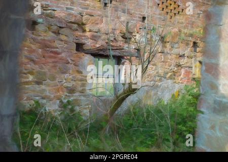 Pittura digitale di un vecchio derelitto abbandonato, cornice di finestra verde deputrita contro un muro di mattoni rossi, con piante e brambles in crescita. Foto Stock