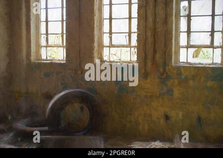 Pittura digitale di un vecchio edificio abbandonato derelitto con finestre rotte, vernice di peeling e tre pneumatici usati. Foto Stock