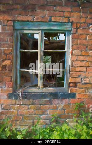 Pittura digitale di un vecchio derelitto abbandonato, cornice di finestra verde deputrita contro un muro di mattoni rossi, con piante e brambles in crescita. Foto Stock