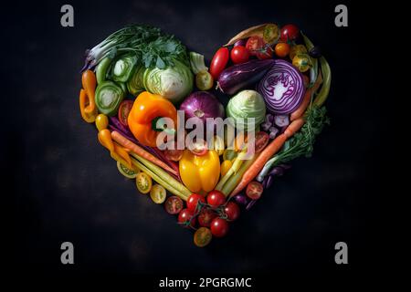 cuore formato da verdure assortite su uno sfondo scuro Foto Stock