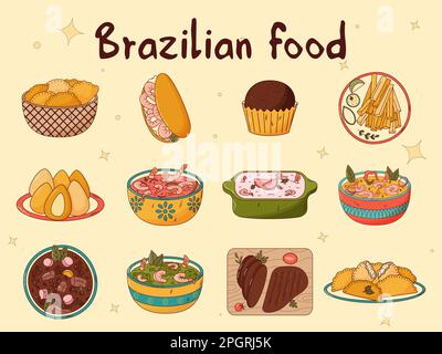 Set di piatti tradizionali brasiliani. Illustrazione vettoriale in stile disegnato a mano. Illustrazione Vettoriale