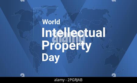 Carta di soggiorno nazionale per la Giornata Mondiale della Proprietà intellettuale. Poster con mappa terrestre, sfondo con linee sfumate blu, testo bianco. Design piatto banne Illustrazione Vettoriale