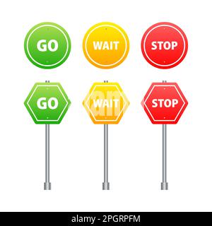 Vai, aspetta, stop segnaletica stradale. Avviso relativo alle norme sul traffico Illustrazione Vettoriale