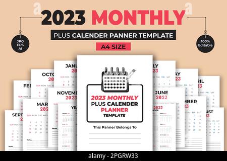 2023 modello mensile Plus Calender Planner basso e senza contenuto del libro Illustrazione Vettoriale