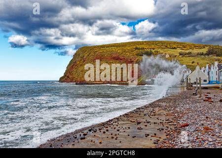 Pennan villaggio Aberdeenshire Scozia alta marea schiume ciottoli e spray da grandi onde che si rompono sulla fila di case Foto Stock
