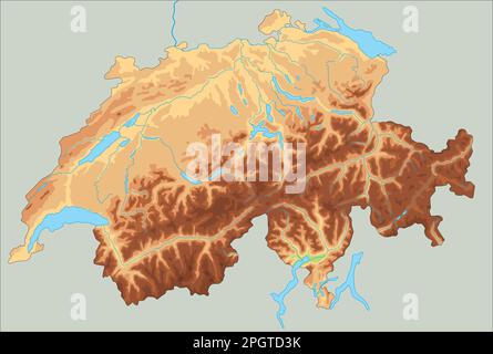 Mappa fisica della Svizzera dettagliata. Illustrazione Vettoriale