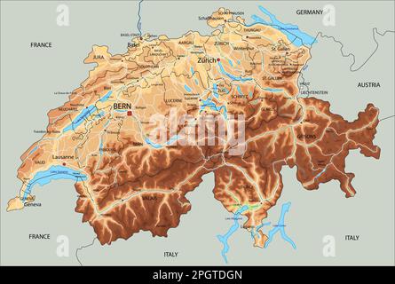 Mappa fisica della Svizzera dettagliata con etichettatura. Illustrazione Vettoriale