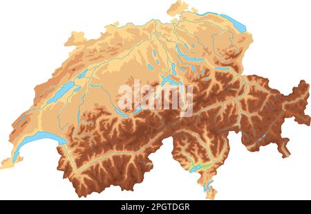 Mappa fisica della Svizzera dettagliata. Illustrazione Vettoriale