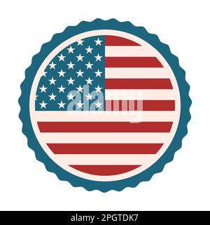 Francobollo nazionale retro-americano. Bandiera degli Stati Uniti in cerchio. Distintivo della bandiera dell'America. Strisce rosse e stelle. EMBLEMA o icona circolare USA. Patriottismo, elezione Illustrazione Vettoriale