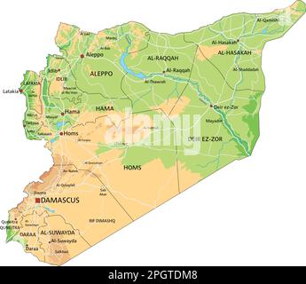 Mappa fisica siriana dettagliata con etichettatura. Illustrazione Vettoriale