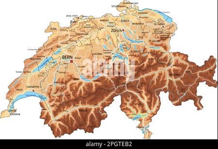 Mappa fisica della Svizzera dettagliata con etichettatura. Illustrazione Vettoriale