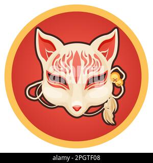 Kitsune Folklore giappone maschera, mitologia asiatica mascotte volpe in stile cartoon isolato su sfondo bianco. Illustrazione vettoriale Illustrazione Vettoriale