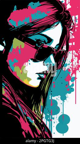 Bella donna pop art poster. Ritratto vettoriale di bellezza e ragazza creativa. Spruzzi di vernice. Illustrazione Vettoriale