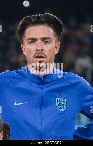 Il forward Jack Grealish (Manchester City) dell'Inghilterra durante i qualificatori europei si è Unito Italia vs Inghilterra allo stadio Diego Armando Maradona di Napoli, nel sud Italia, il 23 marzo 2023. Foto Stock