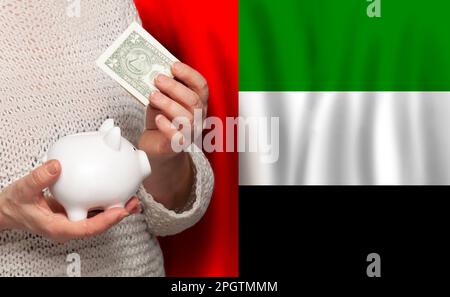 Donna degli Emirati Arabi Uniti con una banca di denaro sullo sfondo della bandiera degli Emirati Arabi Uniti. Dotations, fondo pensione, povertà, ricchezza, concetto di pensione Foto Stock