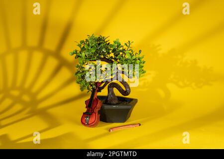 Maschera di tonalità gobo e piccolo albero decorativo di bonsai con carino violino di legno che rimane su sfondo giallo con ombre geometriche astratte. Still life su sfondo caldo, soft focus. Foto Stock