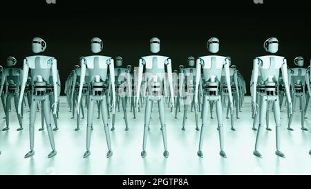un magazzino pieno di robot (rendering 3d) Foto Stock