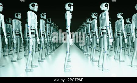 un magazzino pieno di robot (rendering 3d) Foto Stock