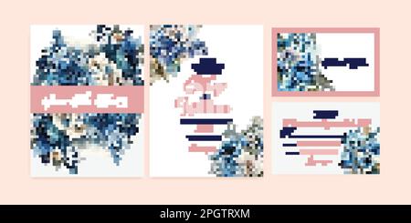 Wedding watercolor floral invito scheda salvare la data con fiori blu, rose e foglie verdi semi corona e cornice. Botanico elegante Illustrazione Vettoriale