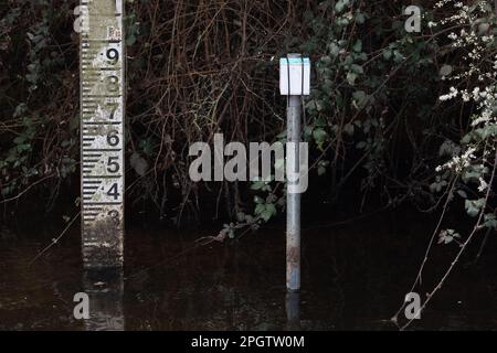 Dorney, Regno Unito. 24th marzo, 2023. Un monitor nel Jubilee River Roundmoor Dith Siphon Outlet. Il monitor Thames Water EDM Storm Discharge che monitora gli scarichi di acque meteoriche in Roundmoor Ditch da Slough Sewage Works è rimasto fuori servizio per un certo numero di giorni, quindi non è noto se la schiuma si riferisca a eventuali scarichi di acque reflue o meno. Credit: Maureen McLean/Alamy Live News Foto Stock